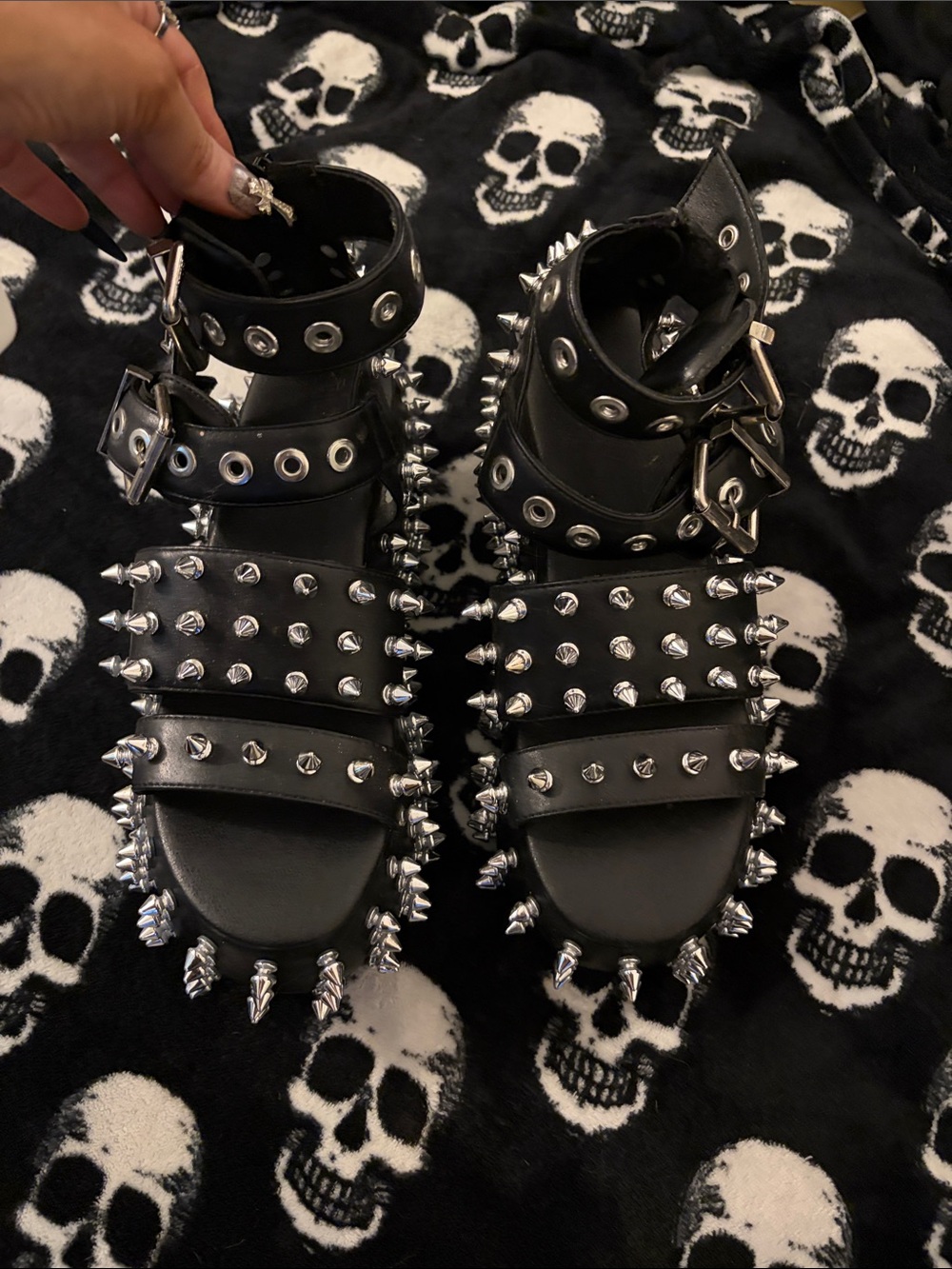 Black Spiked Platform Sandals with Silver Studs